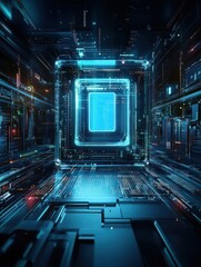 Poster - Wide computer icon hologram on dark blue background. Digital transformation concept. 3D Rendering