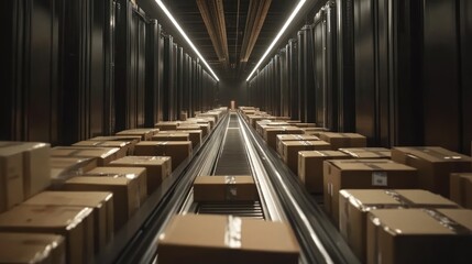 Poster - Cardboard Boxes Moving On Conveyor Belts In A Warehouse