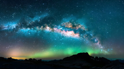 Wall Mural - breathtaking aurora borealis dancing across a clear night sky, with the milky way stretching overhea