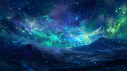 Wall Mural - celestial aurora dancing across the expanse of a galactic background, with shimmering hues of green 