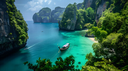 Canvas Print - Discover Thailand's scenic beauty on a boat cruise, where turquoise waters meet lush green landscapes and sandy shores