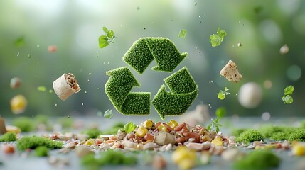 Aufkleber - A bold 3D recycle icon crafted from lush greenery and moss hovering above food scraps showcasing sustainability and surrounded by a dreamy blurred bokeh atmosphere for an eco friendly