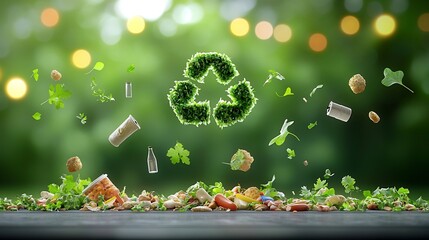 Fototapete - Lush 3D recycling icon made of natural greenery suspended above food scraps with vibrant dreamy bokeh lights creating a serene background for environmental conservation and sustainability