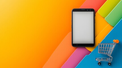 Aufkleber - A smartphone with a blank empty screen placed on a vibrant multicolor stage background with a 3D shopping cart beside it symbolizing the concept of online shopping and the digital marketplace