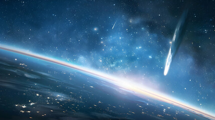 Wall Mural - distant view of a comet passing by earth, with its tail shimmering in the sunlight against a backdro