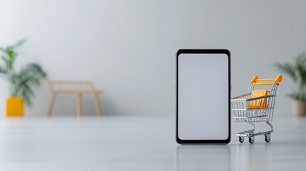 Fototapete - Minimalist and modern composition featuring a sleek smartphone standing on a gradient color stage accompanied by a shopping cart   representing the concept of e commerce online shopping