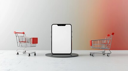 Aufkleber - Futuristic design featuring a smartphone with a blank screen placed on a dynamic color gradient stage alongside a 3D shopping cart  Showcasing modern technology e commerce