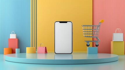 Aufkleber - Vibrant and modern stage setting featuring a smartphone with a blank digital display and a 3D shopping cart representing the sleek and innovative world of online shopping and e commerce