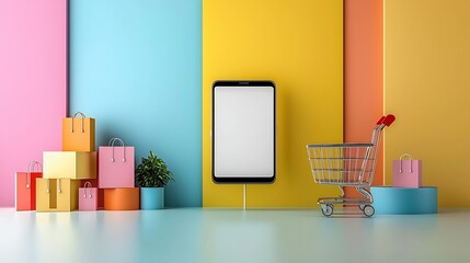 Aufkleber - Colorful and sleek stage setting featuring a smartphone with a blank display and a 3D shopping cart representing the modern and innovative online shopping experience