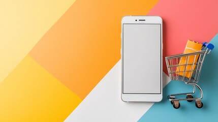 Fototapete - Smartphone with Empty Screen and Shopping Cart Displayed on a Vibrant Multi Tonal Color Stage Background Highlighting the Innovative Potential of E commerce Technology