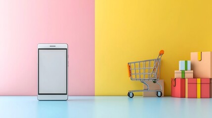 Aufkleber - A vibrant and modern scene featuring a smartphone with a blank screen and a shopping cart on a smooth gradient color stage symbolizing the growing trends in digital and online shopping