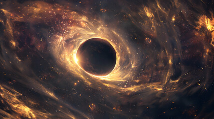 Wall Mural - enigmatic black hole surrounded by swirling cosmic dust and shimmering star clusters, a mysterious v