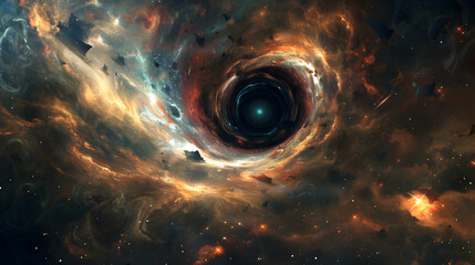Wall Mural - enigmatic black hole surrounded by swirling cosmic dust and radiant star clusters, a mysterious anom