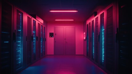 Poster - Neon Lit Server Room Corridor With Closed Doors