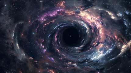 Wall Mural - enigmatic black hole surrounded by swirling cosmic dust and shimmering star clusters, a mysterious v