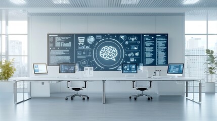 Fototapete - AI driven systems in a modern futuristic workspace projecting real time customer behavior analytics and inventory data to enhance e commerce experiences and drive business innovation