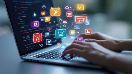 Poster - Hands Typing on Laptop with Vibrant Futuristic Background and Glowing Digital Icons Representing Online Shopping Social Media and Digital Marketing