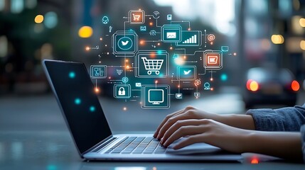 Poster - A professional office or work environment with hands interacting with a laptop computer surrounded by floating icons representing online shopping social media platforms