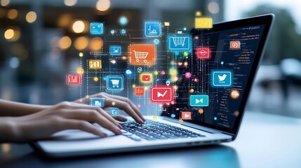 Poster - Hands Actively Typing on a Laptop with Vibrant Digital Icons Representing E commerce Social Media Channels and Analytics Tools Suspended in a Glowing and Energetic Tech Inspired Scene