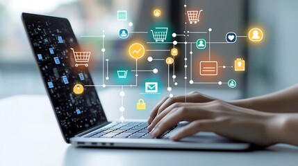 Poster - Hands actively typing on a laptop against a vibrant and energetic scene with digital icons representing e commerce social media channels and analytics tools suspended in the background