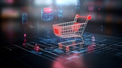 Aufkleber - Sleek futuristic shopping cart glowing brightly on a digital surface surrounded by dynamic holographic elements and vibrant red blue and pink lights