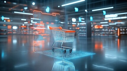 Aufkleber - Futuristic e commerce concept featuring a glowing shopping cart on a reflective digital surface surrounded by holographic lights and dynamic neon grids showcasing a modern