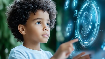 Poster - Futuristic digital blackboard with interactive virtual displays and immersive educational tools surrounding it students engaged in a cutting edge technology driven classroom setting