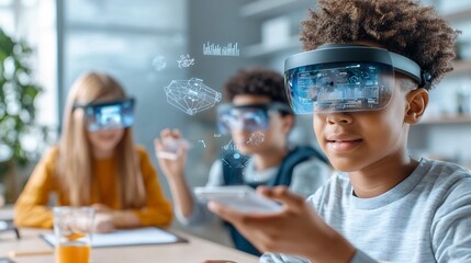 Aufkleber - Diverse group of students using advanced augmented reality headsets and holograms displaying data and diagrams in a high tech futuristic classroom environment