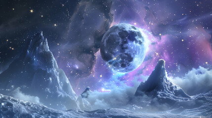 Wall Mural - ice-covered moon orbiting a gas giant in a starry nebula, with icy plumes and auroras shimmering in 