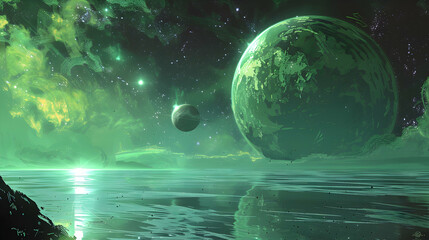 Wall Mural - lush green exoplanet with multiple moons rising over a serene ocean, beneath a canopy of bright star