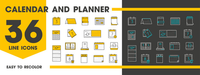 Poster - Calendar outline icons of schedule date pages and reminder notification, vector pictograms. Calendar or planner organizer line icons of event date day and time, plan for month, week and year agenda