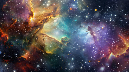 Wall Mural - panoramic view of a cosmic nebula swirling with vibrant colors and stars, framed by distant galaxies