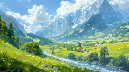 Canvas Print - Picturesque Alps landscape showcasing a village, verdant fields, and a sparkling mountain river, all bathed in sunlight with the Swiss mountains as a backdrop