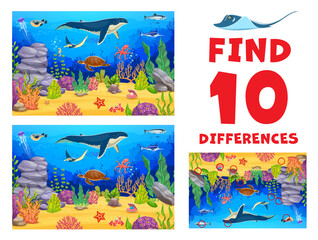 Aufkleber - Find tend differences between sea animals. Vector kids game worksheet, educational riddle with cartoon whale, turtle, stingray and octopus, swordfish, jellyfish and starfish characters on seafloor