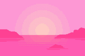 Poster - Pink Hue Ocean view with Gradient Sunset, Pixel Art styled Illustration