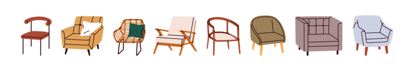 Poster - Modern armchair and chair designs. Comfortable cozy seats from wood and upholstery. Lounge furniture collection for trendy style interior. Flat vector illustration isolated on white background