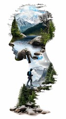 Wall Mural - Photo realistic natural double exposure concept, A silhouette of a person filled with a serene landscape, featuring mountains, trees, and a river, symbolizing connection with nature and exploration.