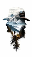 Wall Mural - Photo realistic natural double exposure concept, A silhouette of a person surrounded by a scenic mountain landscape, blending nature and adventure in a harmonious visual representation.