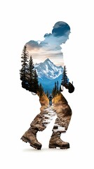 Wall Mural - Photo realistic natural double exposure concept, A silhouette of a hiker is filled with a scenic mountain landscape, symbolizing adventure and the great outdoors.