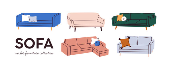 Poster - Sofa collection. Couches set, stylish and comfortable furniture designs. Cozy comfy lounge seats with soft cushions for living room interiors. Flat vector illustration isolated on white background