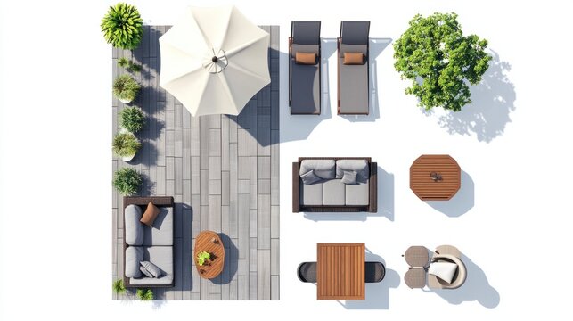 Icons of a patio arrangement with sun loungers, side tables, and shade umbrella from top view