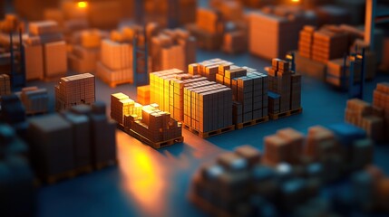 Poster - Nighttime Warehouse Scene Showing Pallets Of Boxes And Forklift