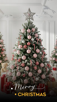 Minimal Christmas Background. Festive design of sparkling lights blue garland, realistic balls baubles