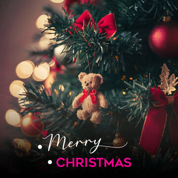 Minimal Christmas Background. Festive design of sparkling lights blue garland, realistic balls baubles