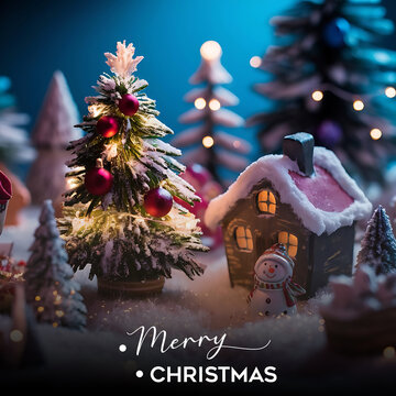 Minimal Christmas Background. Festive design of sparkling lights blue garland, realistic balls baubles
