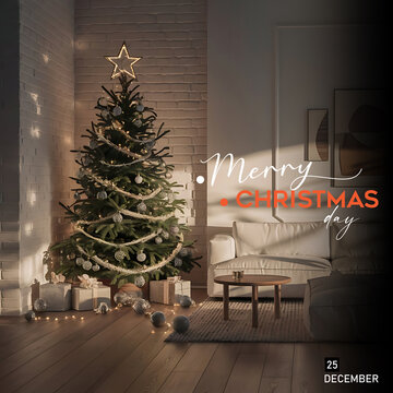 Minimal Christmas Background. Festive design of sparkling lights blue garland, realistic balls baubles