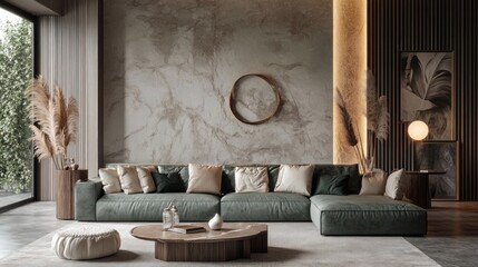Poster - A living room with a large green couch and a coffee table
