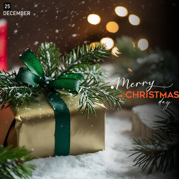 Minimal Christmas Background. Festive design of sparkling lights blue garland, realistic balls baubles