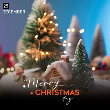 Minimal Christmas Background. Festive design of sparkling lights blue garland, realistic balls baubles