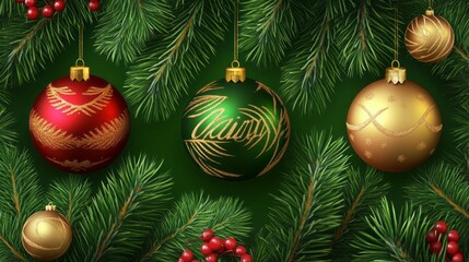 Poster - Three Christmas ornaments hanging from a tree branch